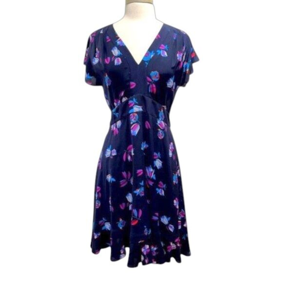 Rebecca Taylor Navy Bellflower Flutter Sleeve Silk Dress NEW - Picture 1 of 8